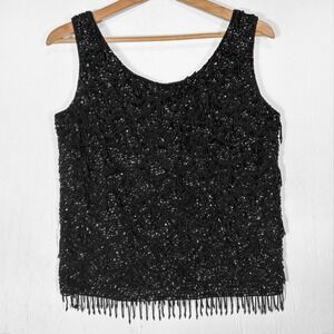 VTG 60s Black Beaded Sequin Tank Top Womens S Fringe Hem Hong Kong